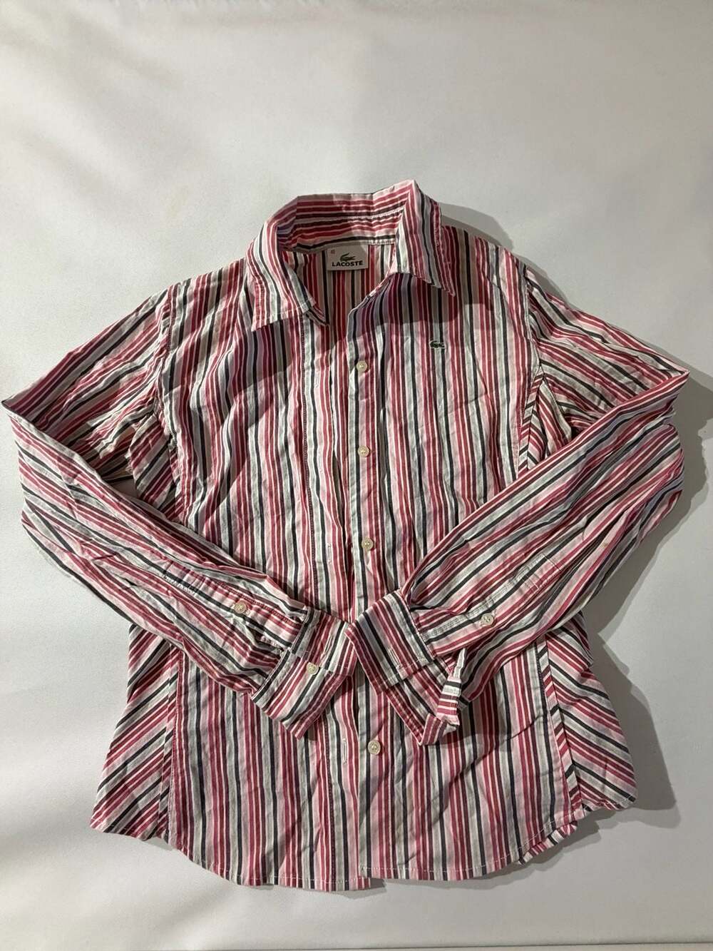 Lacoste Striped Long Sleeve Button Down Shirt Pink Navy White Womens 40